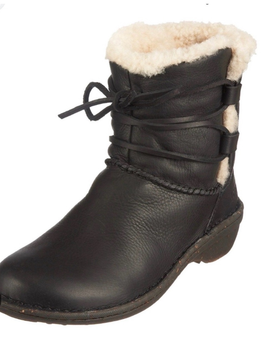 UGG Size 9 Black Leather Short Lace-Up Shearling Cuff Boot